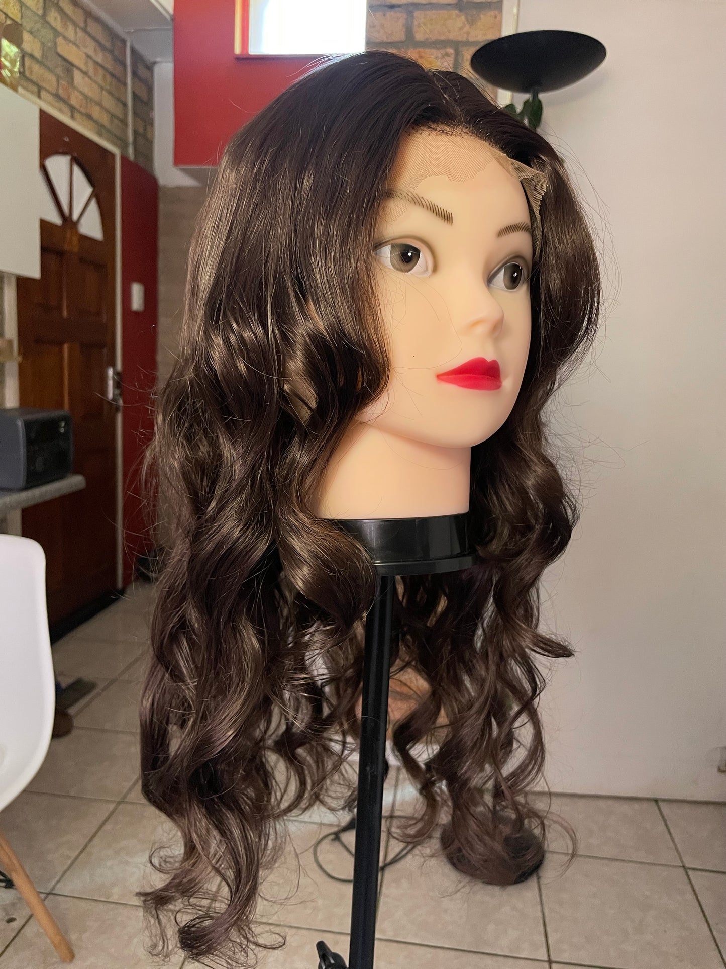 Wavy curly brown wig, human hair, 5x5 T-lace, 22 inch