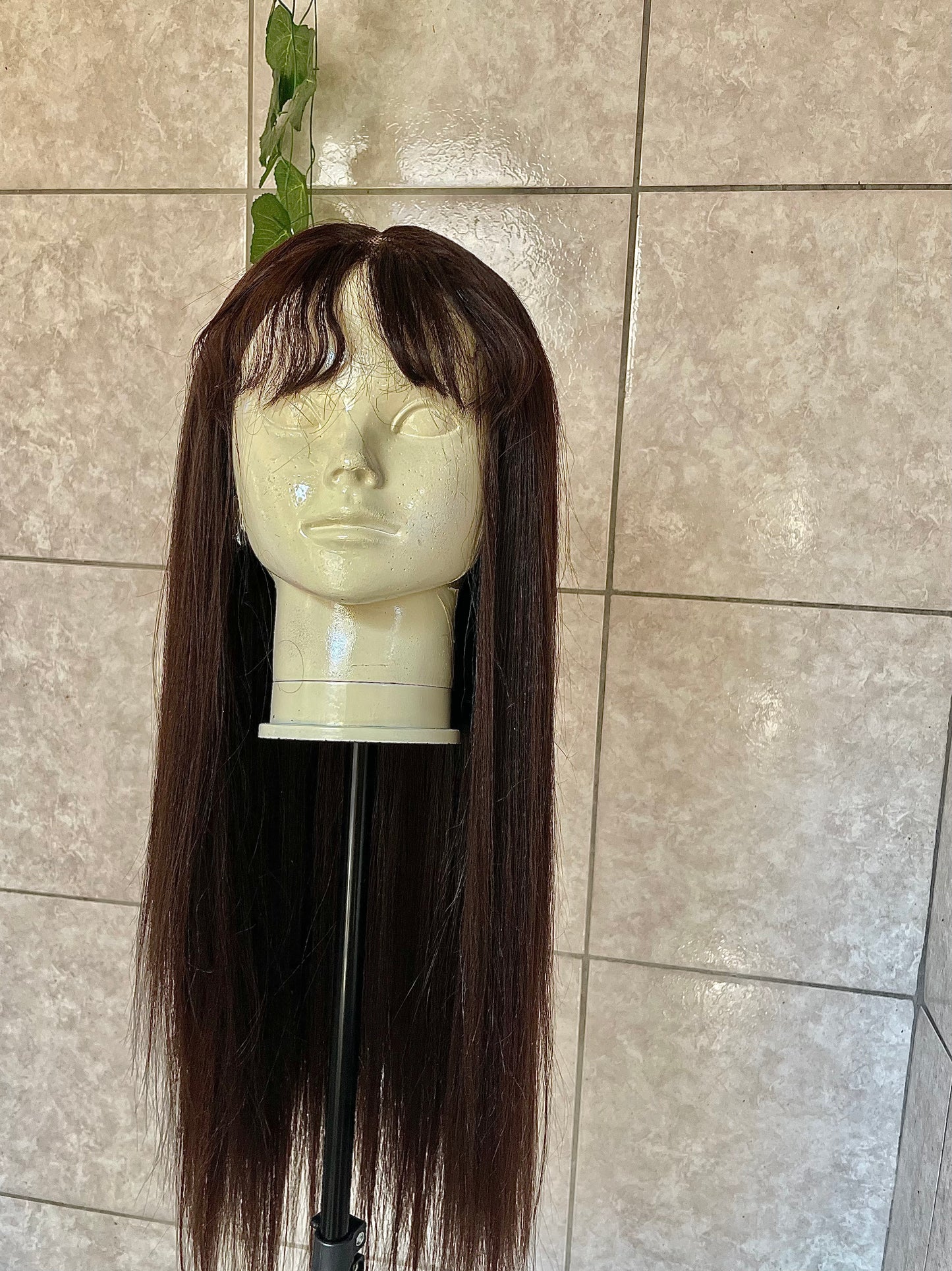 Wig combo, wig 1- Wavy black wig with a 4x4 closure, 26 inches human hair blended.
Wig 2- dark brown 4x4 T lace with bangs, 26 inches human hair blended.