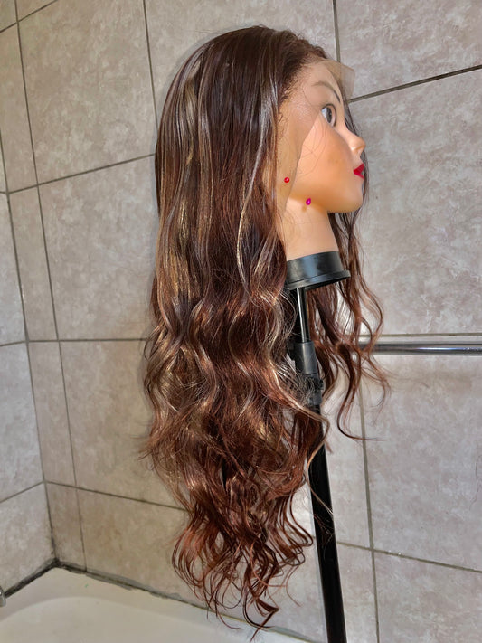Wavy brown-blonde, blended, 28 inches, 13x4 T-lace.