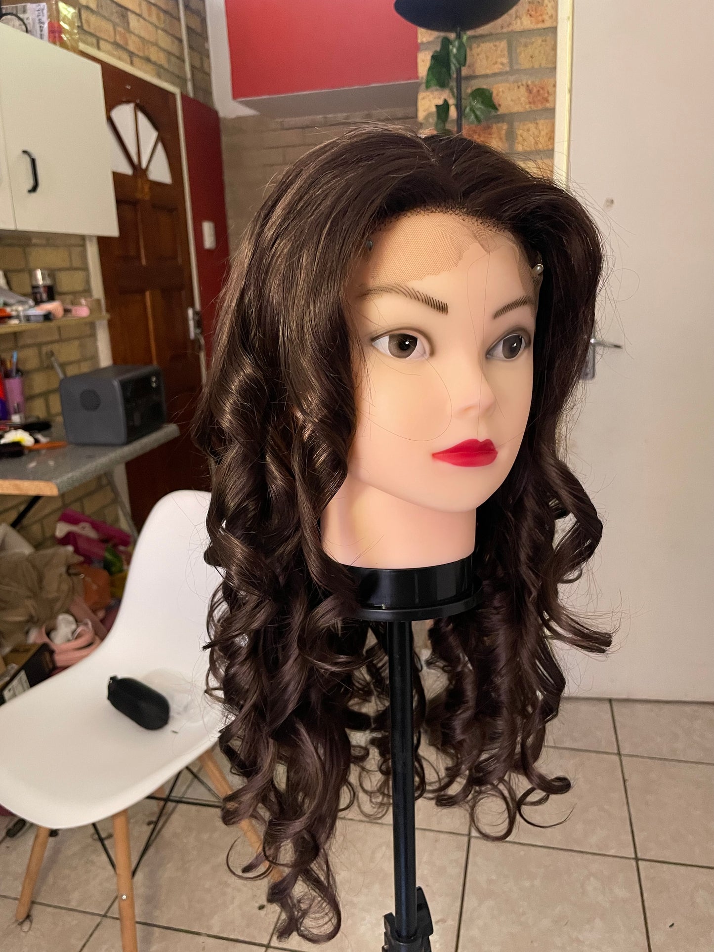 Wavy curly brown wig, human hair, 5x5 T-lace, 22 inch