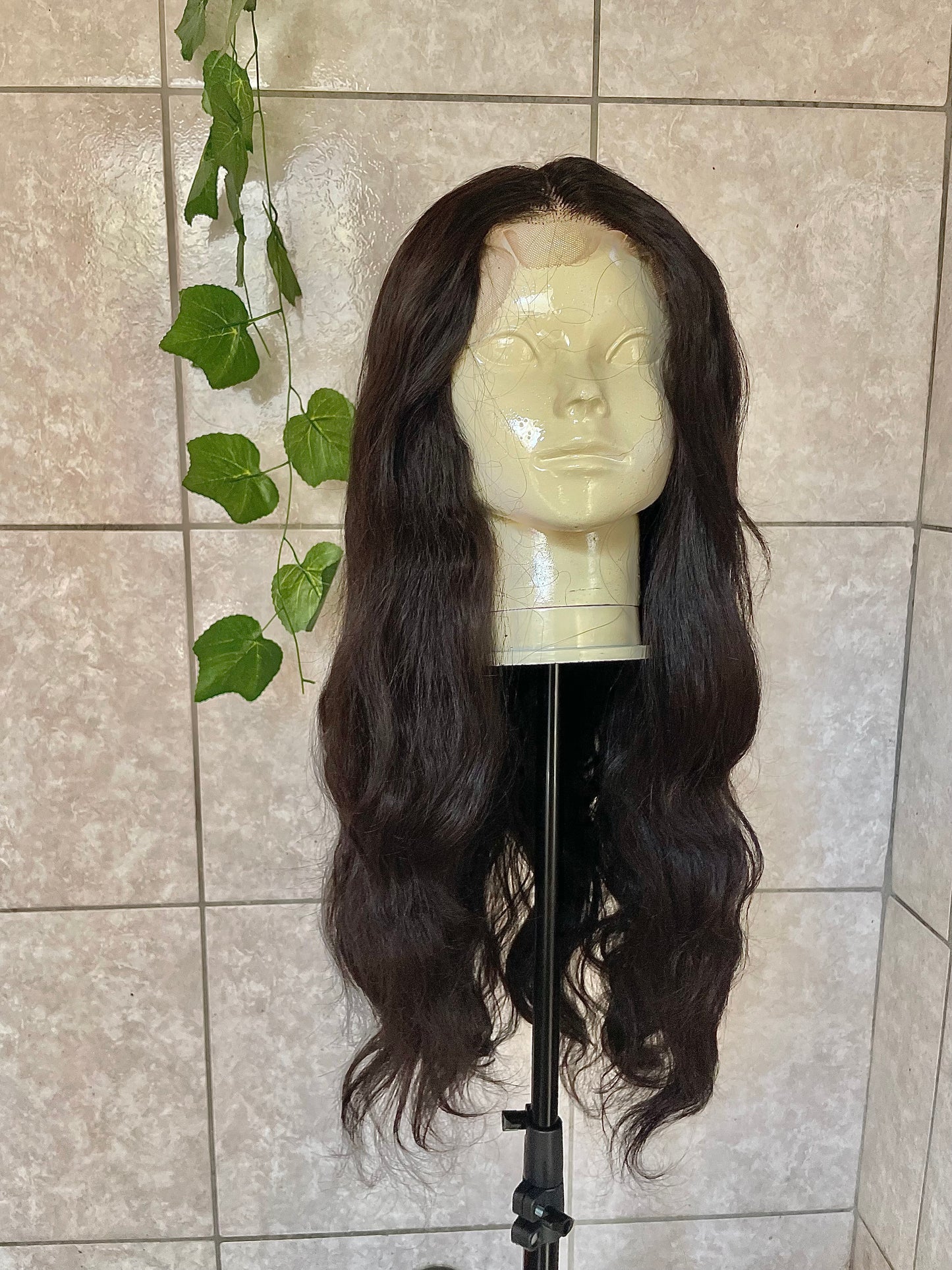 Wig combo, wig 1- Wavy black wig with a 4x4 closure, 26 inches human hair blended.
Wig 2- dark brown 4x4 T lace with bangs, 26 inches human hair blended.