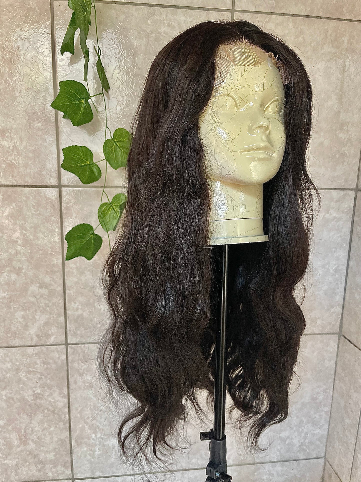 Wig combo, wig 1- Wavy black wig with a 4x4 closure, 26 inches human hair blended.
Wig 2- dark brown 4x4 T lace with bangs, 26 inches human hair blended.