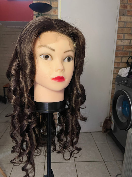 Wavy curly brown wig, human hair, 5x5 T-lace, 22 inch