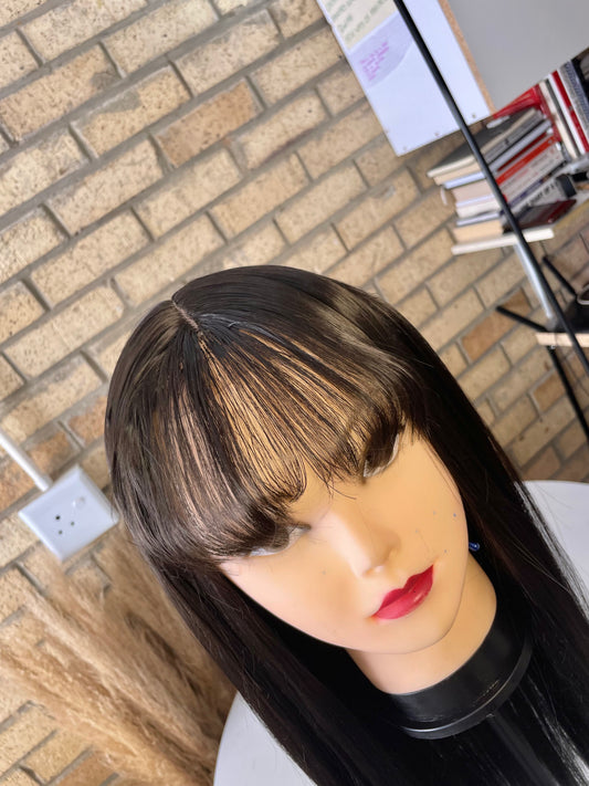 Straight wig with bangs, human hair blend