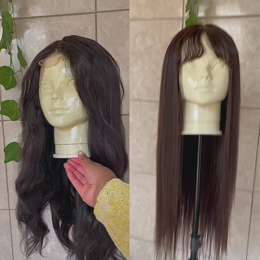 Wig combo, wig 1- Wavy black wig with a 4x4 closure, 26 inches human hair blended.
Wig 2- dark brown 4x4 T lace with bangs, 26 inches human hair blended.